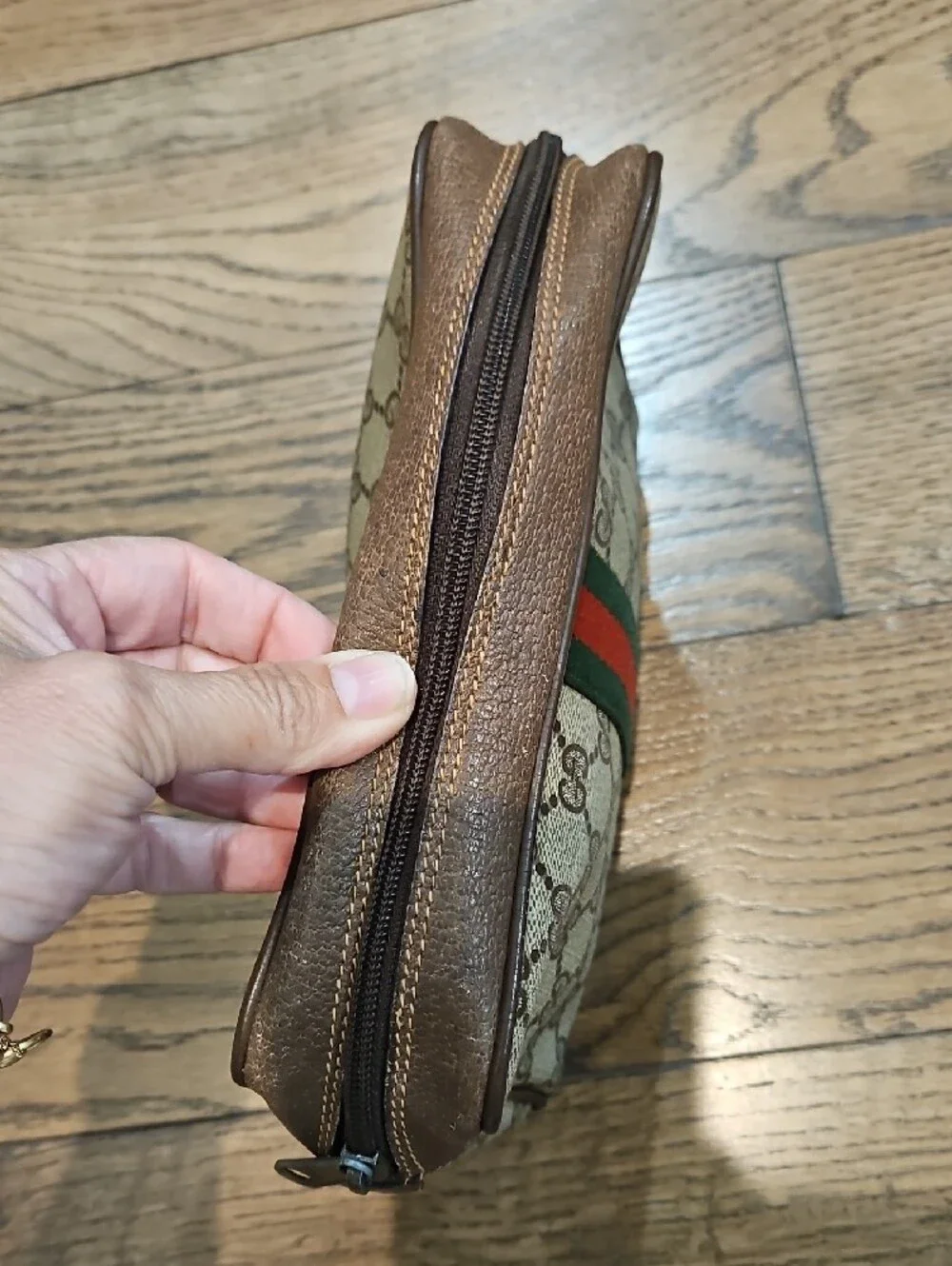 Authentic Gucci Brown GG Canvas Toiletry Bag with Green-Red Web Stripe